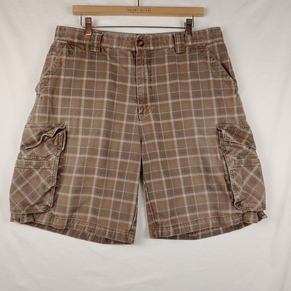 Cabelas Cargo Shorts Mens 36 (36x9.5) Brown Plaid Casuals 100% Cotton